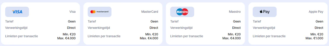 Goodman Casino betaalmethoden met Visa, Mastercard, Maestro en Apple Pay, directe verwerking zonder kosten en stortingen vanaf €20